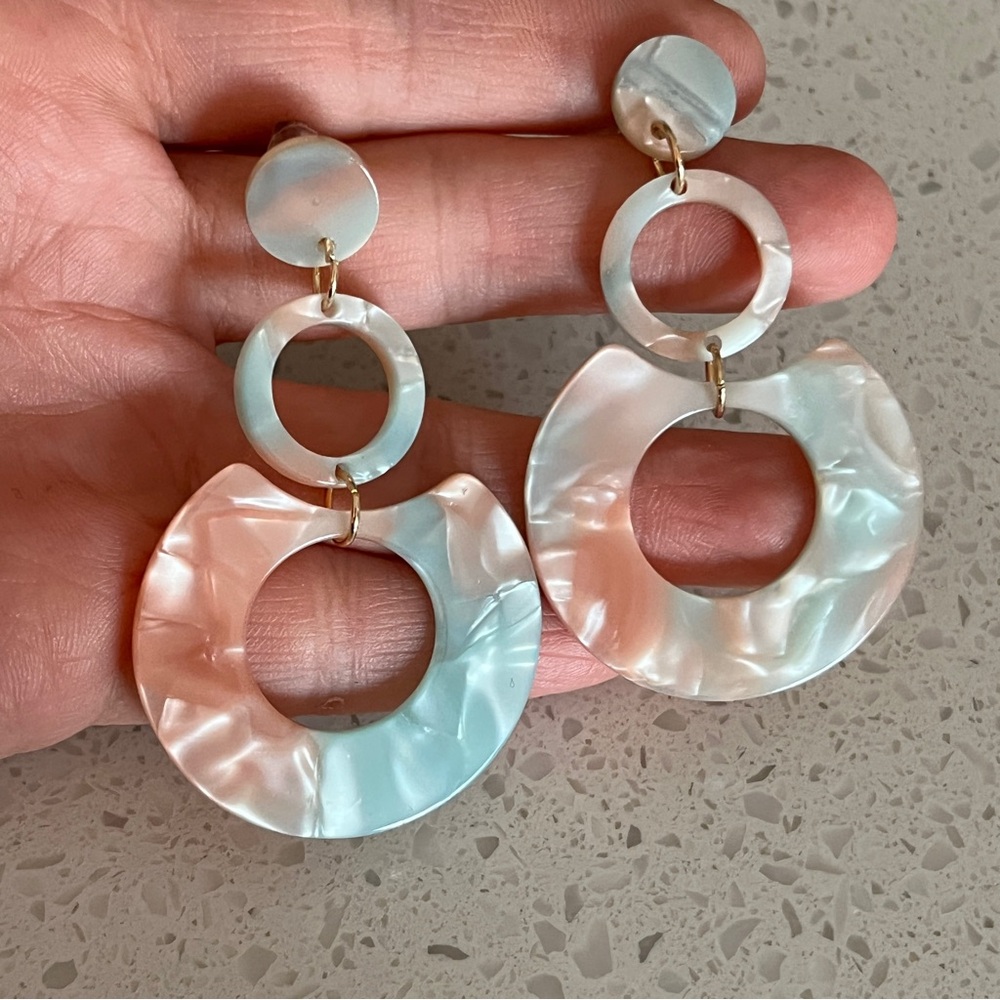Pink and Blue Marbled Hoop Drop Earrings